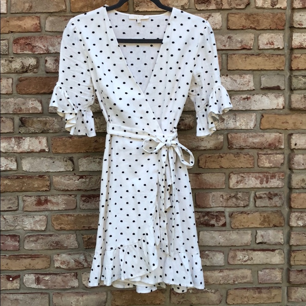 Ivory linen wrap dress with embroidered dots
